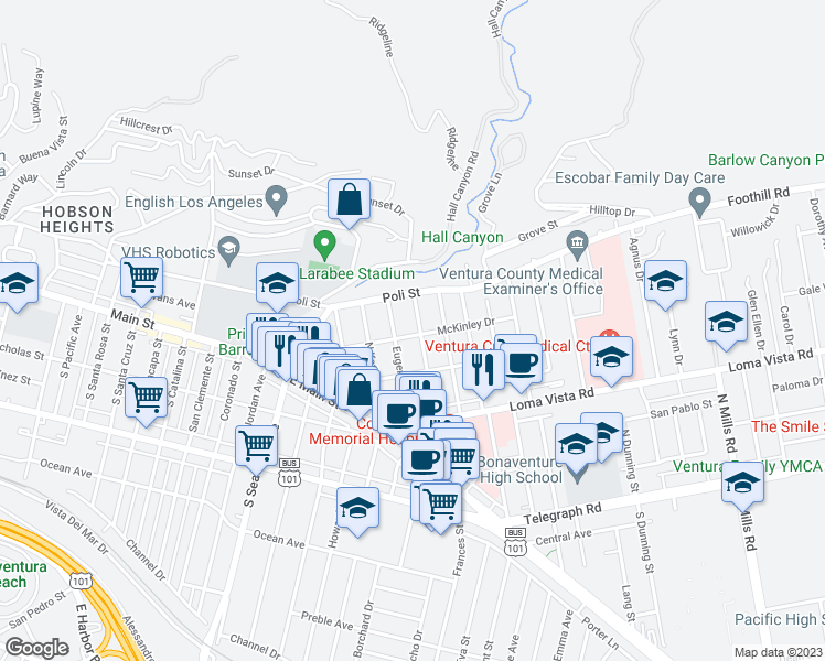 map of restaurants, bars, coffee shops, grocery stores, and more near 2635 McKinley Drive in Ventura