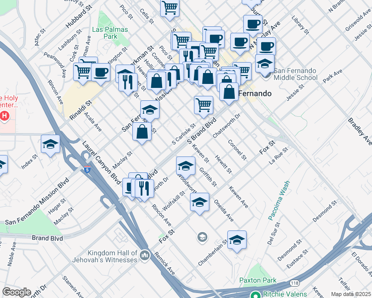 map of restaurants, bars, coffee shops, grocery stores, and more near 618 South Brand Boulevard in San Fernando