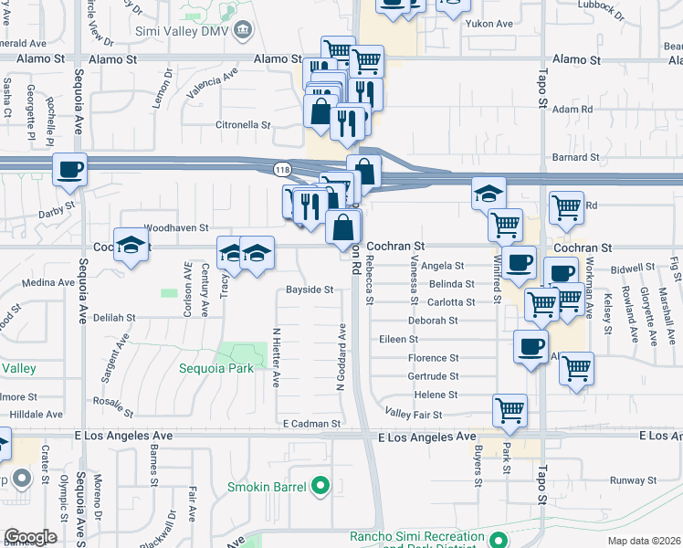 map of restaurants, bars, coffee shops, grocery stores, and more near 3942 Cochran Street in Simi Valley