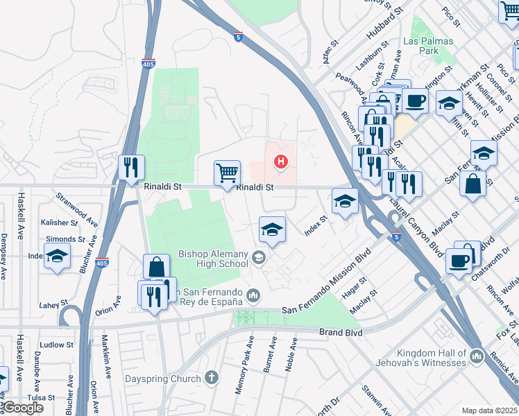 map of restaurants, bars, coffee shops, grocery stores, and more near 11463 Lev Avenue in Mission Hills