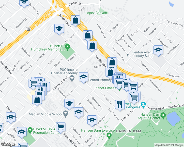 map of restaurants, bars, coffee shops, grocery stores, and more near 12392 Carl Street in Los Angeles