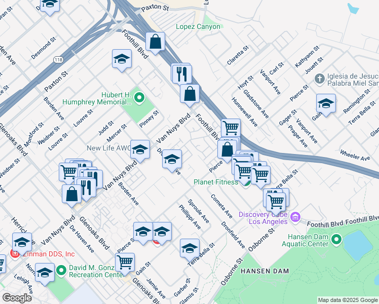 map of restaurants, bars, coffee shops, grocery stores, and more near 11331 Dronfield Terrace in Los Angeles