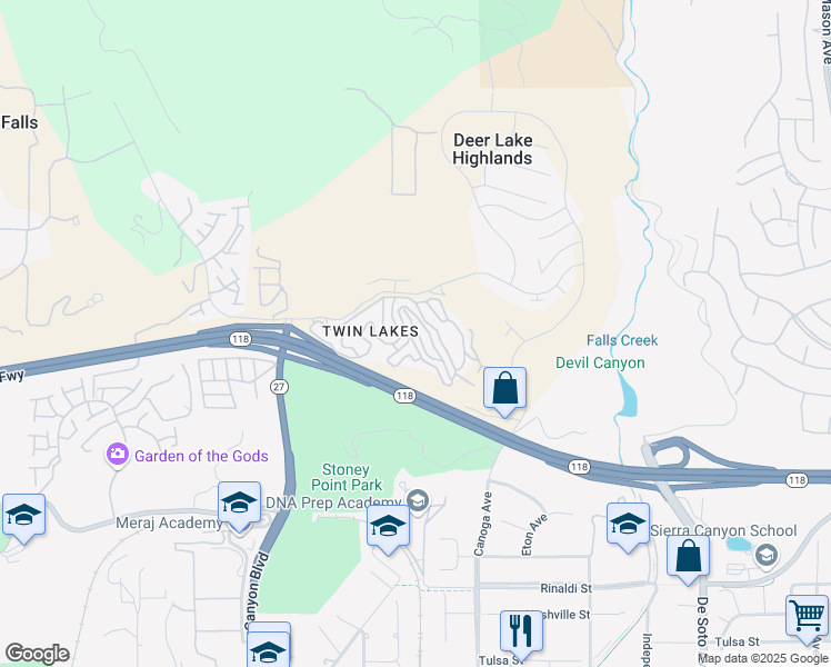 map of restaurants, bars, coffee shops, grocery stores, and more near 21492 Arapahoe Trail in Los Angeles County