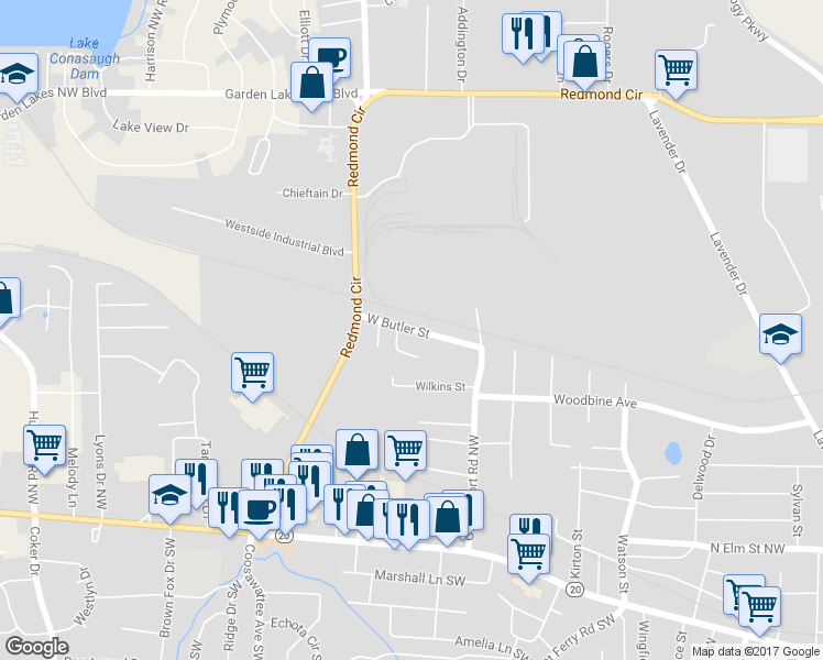 map of restaurants, bars, coffee shops, grocery stores, and more near 23 West Butler Street in Rome