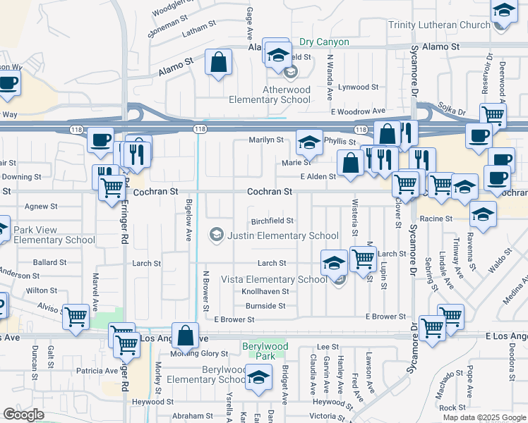 map of restaurants, bars, coffee shops, grocery stores, and more near 2339 Amberly Place in Simi Valley