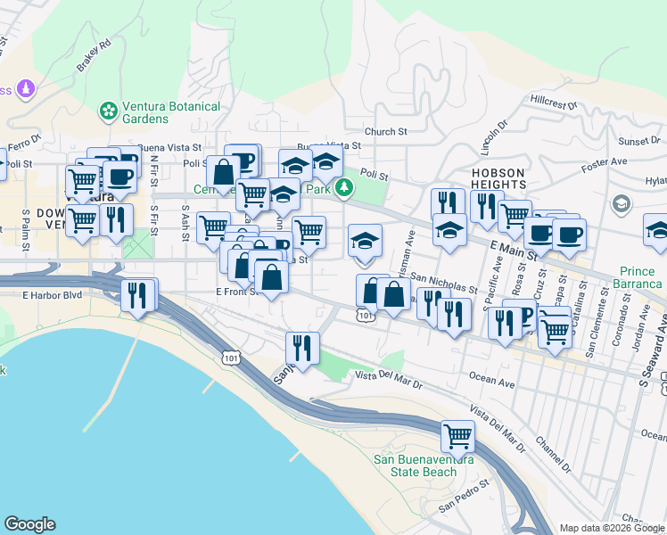 map of restaurants, bars, coffee shops, grocery stores, and more near 1268 Meta Street in Ventura