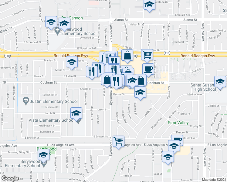 map of restaurants, bars, coffee shops, grocery stores, and more near 2752 Cochran Street in Simi Valley