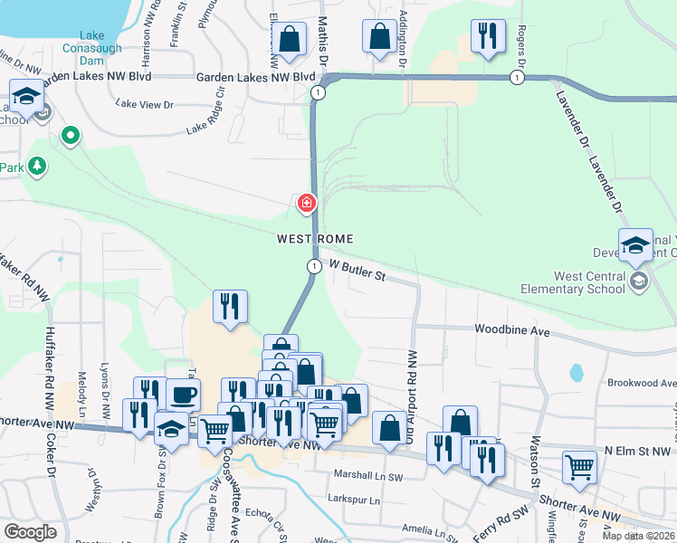 map of restaurants, bars, coffee shops, grocery stores, and more near 33 West Butler Street in Rome