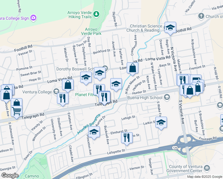 map of restaurants, bars, coffee shops, grocery stores, and more near 65 Teloma Drive in Ventura