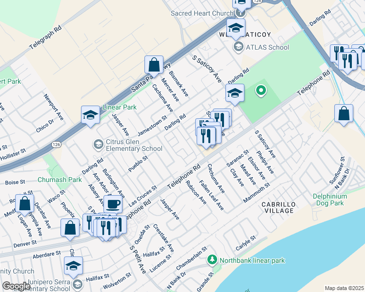 map of restaurants, bars, coffee shops, grocery stores, and more near 1025 Cachuma Avenue in Ventura