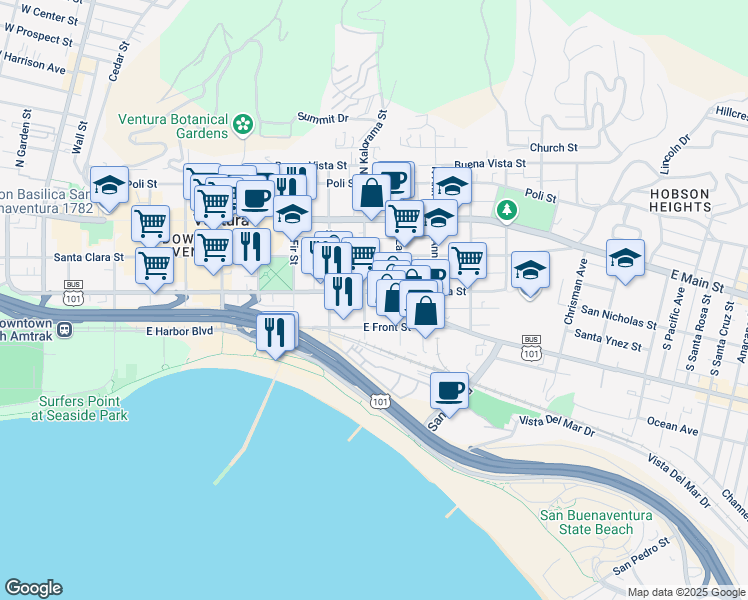 map of restaurants, bars, coffee shops, grocery stores, and more near 970 East Thompson Boulevard in Ventura