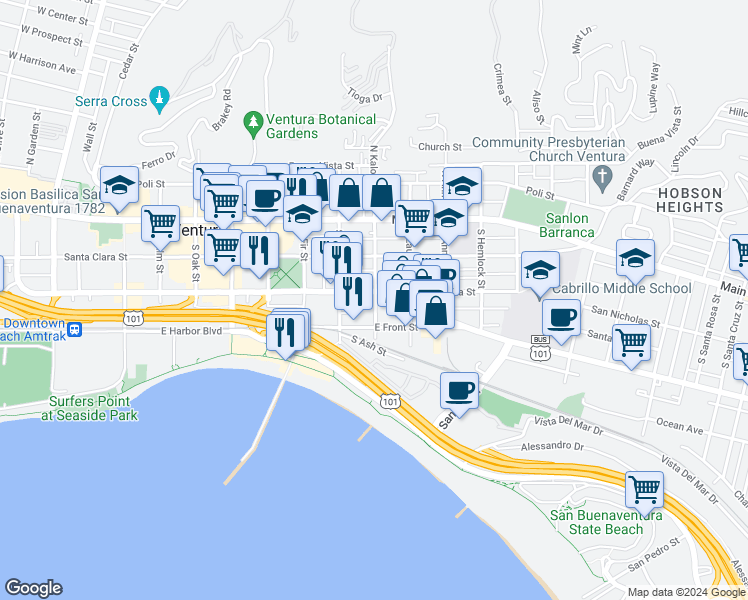 map of restaurants, bars, coffee shops, grocery stores, and more near 870 East Thompson Boulevard in Ventura