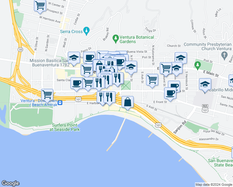 map of restaurants, bars, coffee shops, grocery stores, and more near 568 East Thompson Boulevard in Ventura