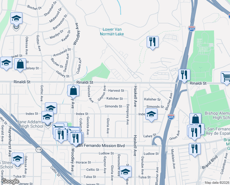 map of restaurants, bars, coffee shops, grocery stores, and more near 15918 Harvest Street in Los Angeles