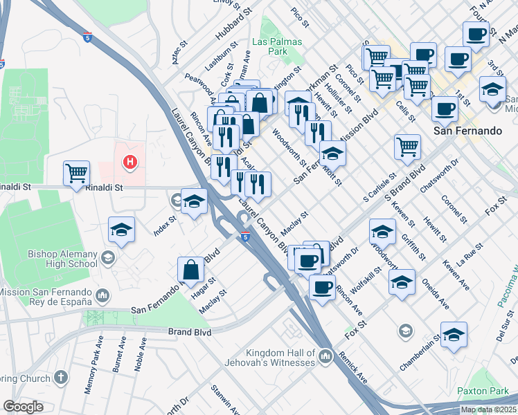 map of restaurants, bars, coffee shops, grocery stores, and more near 11430 Laurel Canyon Boulevard in San Fernando