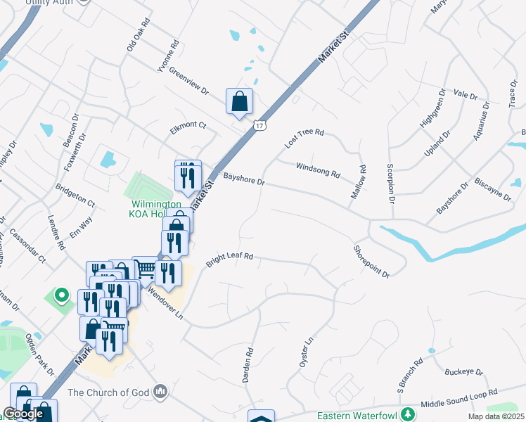map of restaurants, bars, coffee shops, grocery stores, and more near 7450 Thais Trail in Wilmington