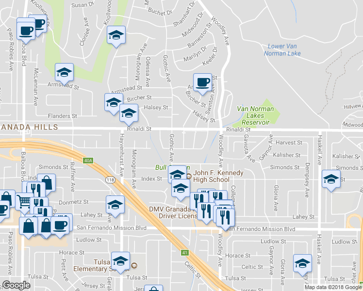 map of restaurants, bars, coffee shops, grocery stores, and more near 16327 Kalisher Street in Los Angeles