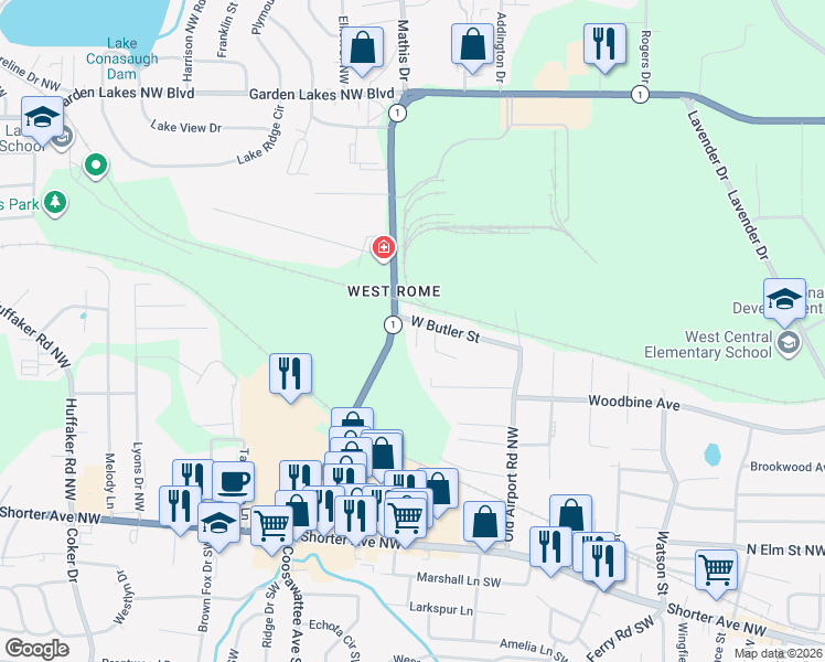 map of restaurants, bars, coffee shops, grocery stores, and more near 33 West Butler Street in Rome