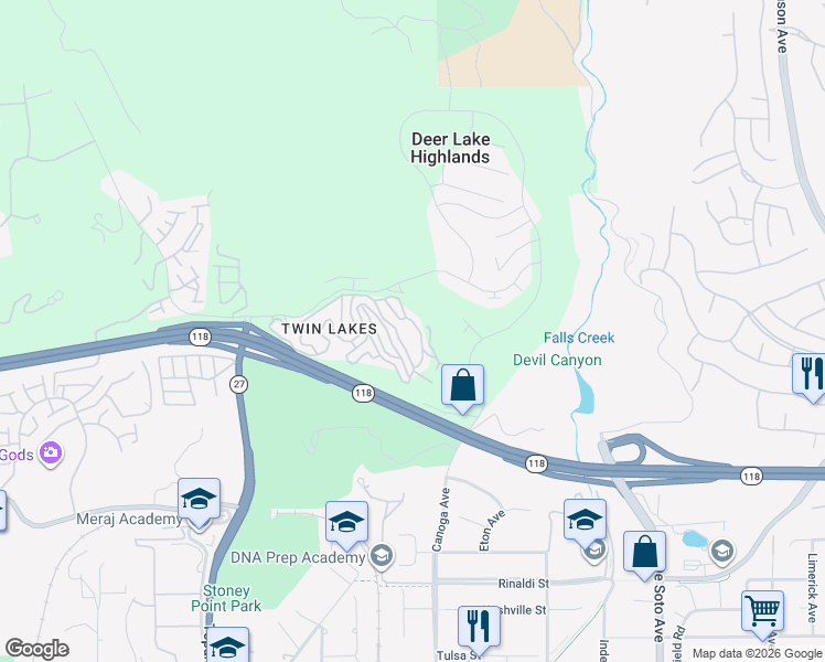 map of restaurants, bars, coffee shops, grocery stores, and more near Aucas Drive in Los Angeles