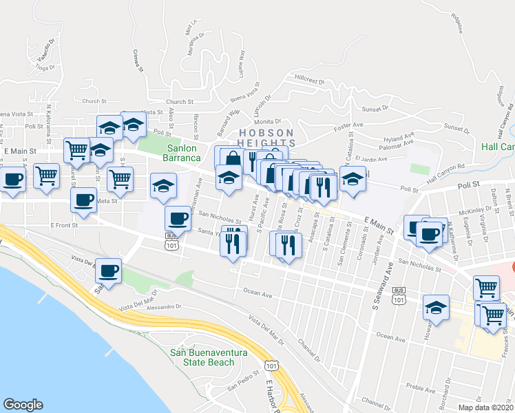 map of restaurants, bars, coffee shops, grocery stores, and more near 70 Hurst Avenue in Ventura
