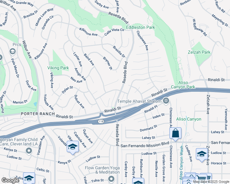 map of restaurants, bars, coffee shops, grocery stores, and more near 11387 Reseda Boulevard in Los Angeles