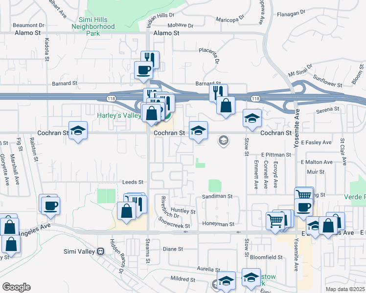 map of restaurants, bars, coffee shops, grocery stores, and more near 2312 Archwood Lane in Simi Valley