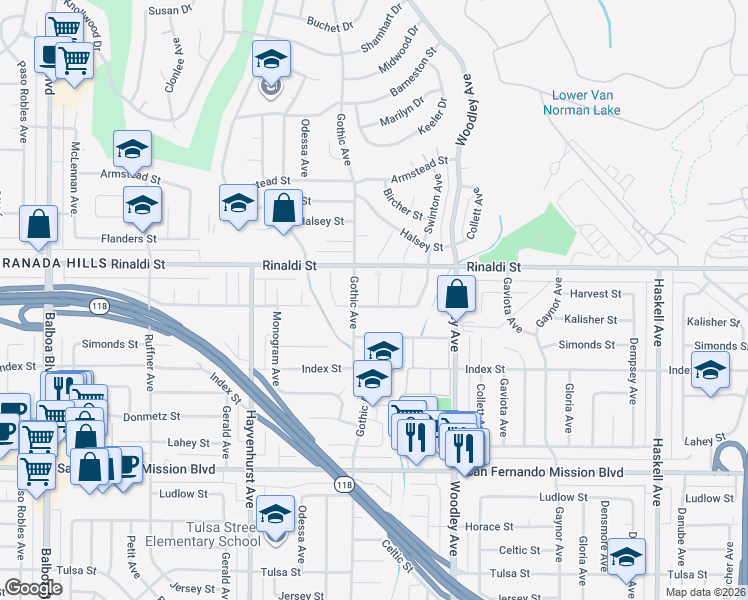 map of restaurants, bars, coffee shops, grocery stores, and more near 16327 Kalisher Street in Los Angeles