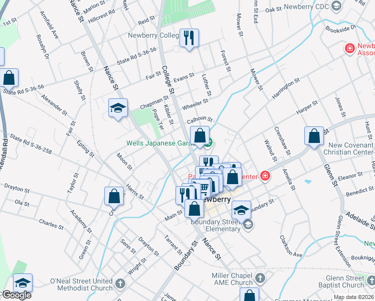 map of restaurants, bars, coffee shops, grocery stores, and more near 1505 College Street in Newberry