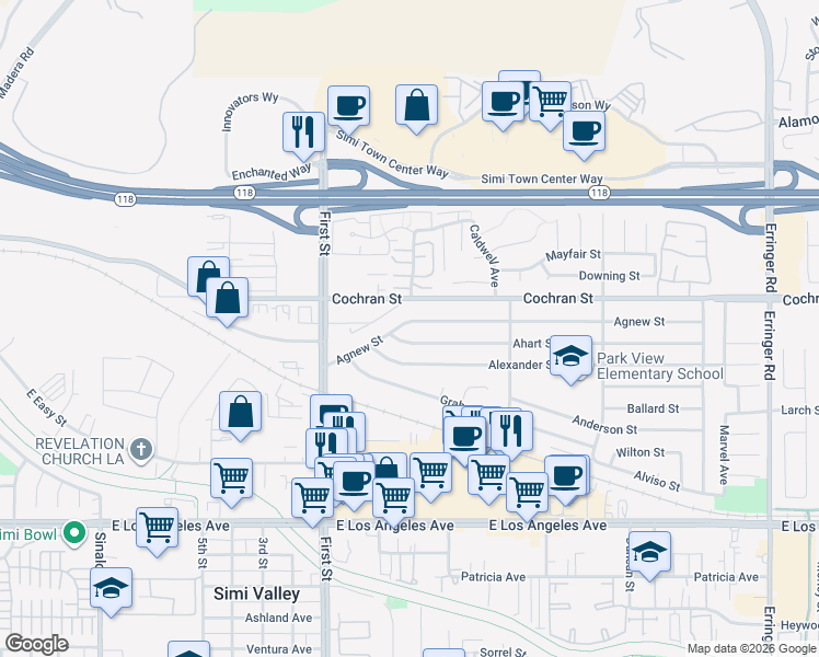map of restaurants, bars, coffee shops, grocery stores, and more near 1248 Agnew Street in Simi Valley