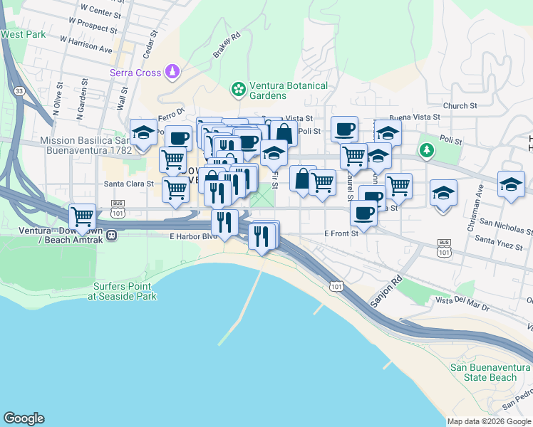 map of restaurants, bars, coffee shops, grocery stores, and more near 670 East Thompson Boulevard in Ventura
