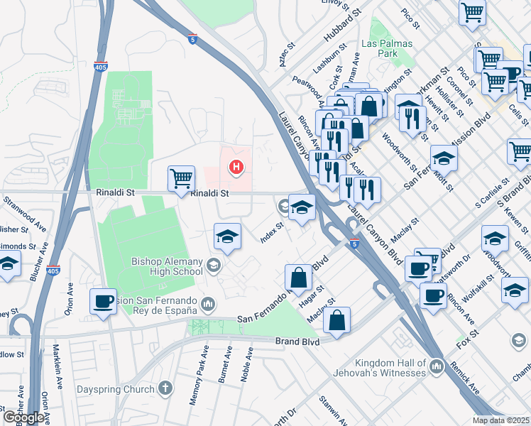 map of restaurants, bars, coffee shops, grocery stores, and more near 14915 Simonds Street in Los Angeles