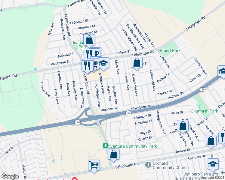 map of restaurants, bars, coffee shops, grocery stores, and more near 307 Mackay Avenue in Ventura