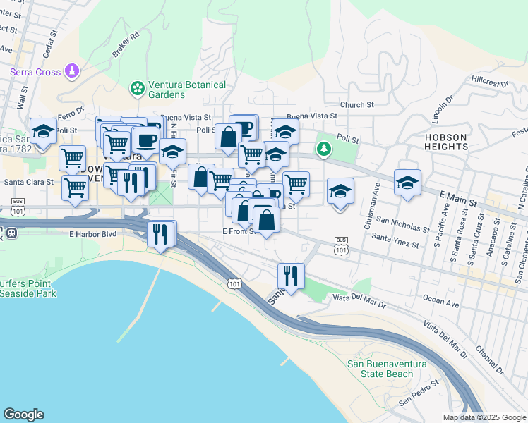 map of restaurants, bars, coffee shops, grocery stores, and more near 1056 Meta Street in Ventura