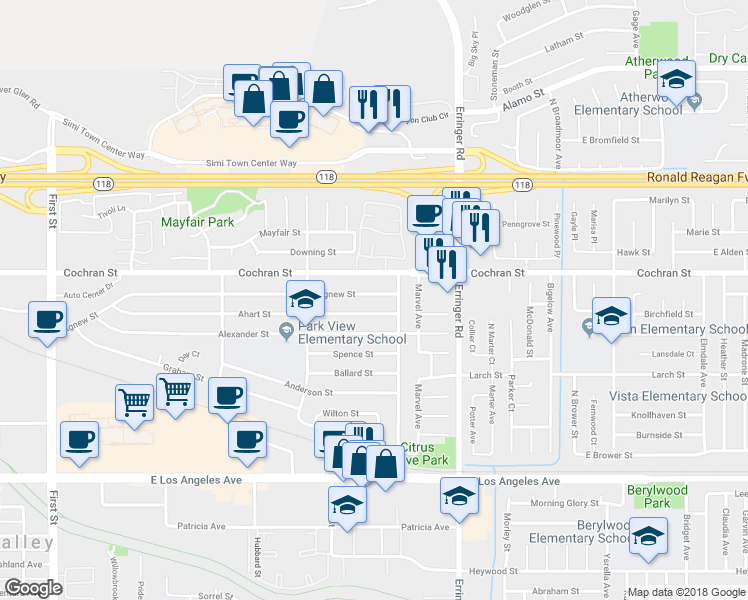 map of restaurants, bars, coffee shops, grocery stores, and more near 1748 Agnew Street in Simi Valley