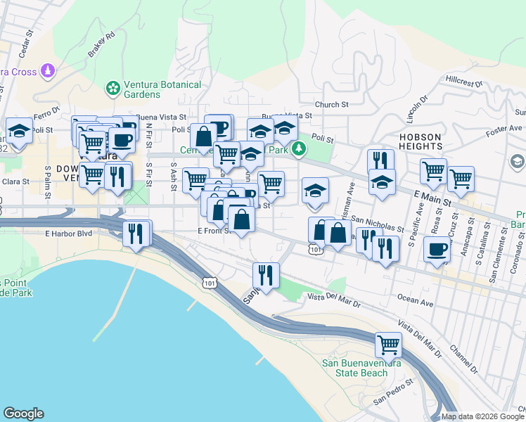 map of restaurants, bars, coffee shops, grocery stores, and more near 1156 Meta Street in Ventura