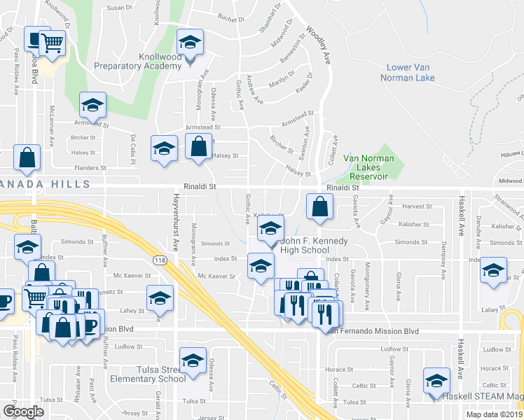 map of restaurants, bars, coffee shops, grocery stores, and more near 16327 Kalisher Street in Los Angeles