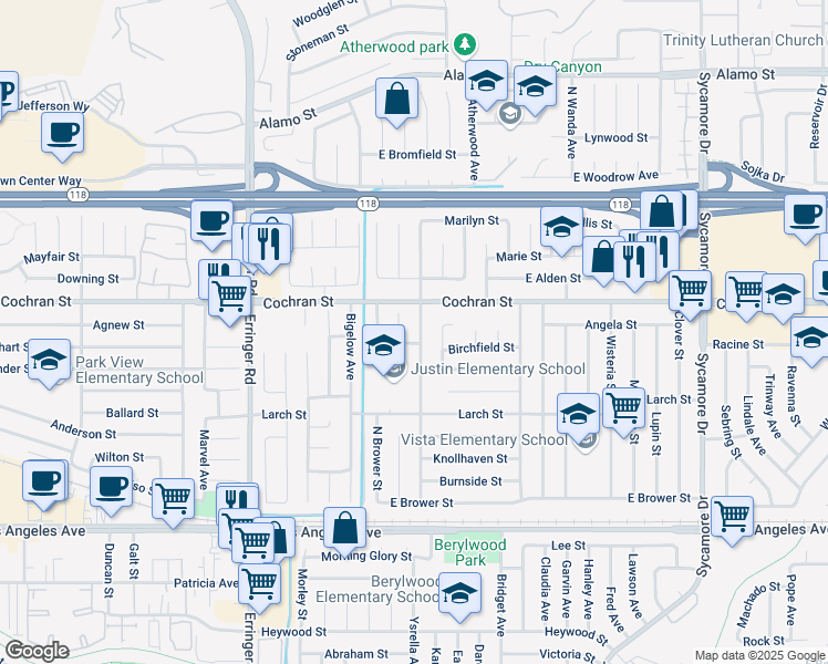 map of restaurants, bars, coffee shops, grocery stores, and more near 2355 North Justin Avenue in Simi Valley