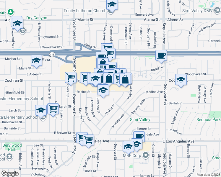 map of restaurants, bars, coffee shops, grocery stores, and more near 2910 Racine Street in Simi Valley