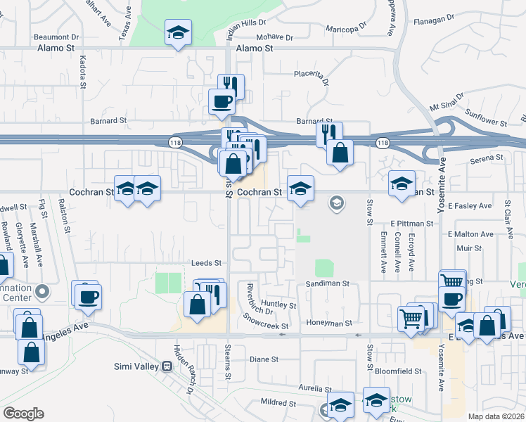 map of restaurants, bars, coffee shops, grocery stores, and more near 2343 Archwood Lane in Simi Valley