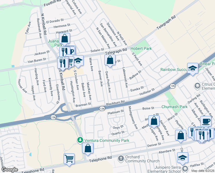 map of restaurants, bars, coffee shops, grocery stores, and more near 277 Dana Point Ave in Ventura