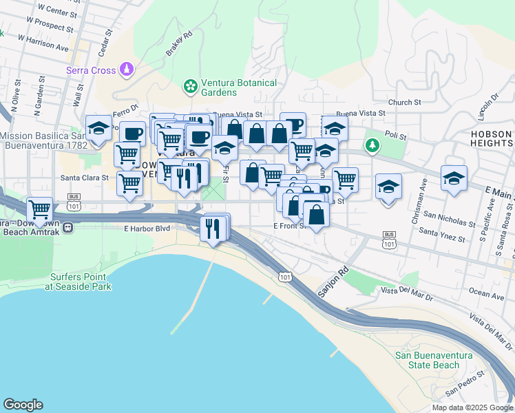 map of restaurants, bars, coffee shops, grocery stores, and more near 828 East Thompson Boulevard in Ventura