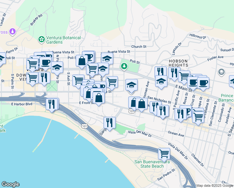 map of restaurants, bars, coffee shops, grocery stores, and more near 1228 Meta Street in Ventura