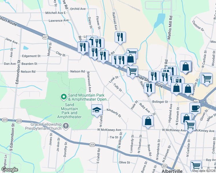 map of restaurants, bars, coffee shops, grocery stores, and more near 617 Rose Road in Albertville