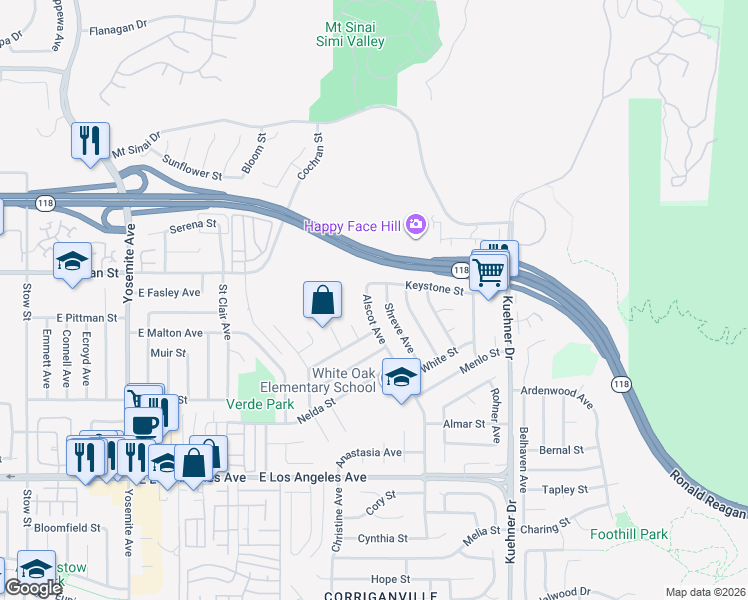 map of restaurants, bars, coffee shops, grocery stores, and more near 2372 Alscot Avenue in Simi Valley