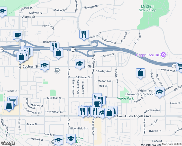 map of restaurants, bars, coffee shops, grocery stores, and more near 2345 Yosemite Avenue in Simi Valley
