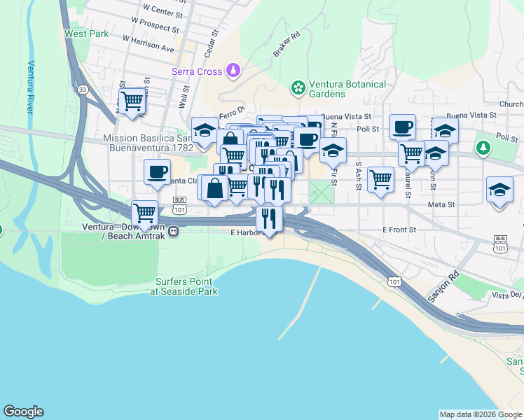 map of restaurants, bars, coffee shops, grocery stores, and more near 410 East Thompson Boulevard in Ventura
