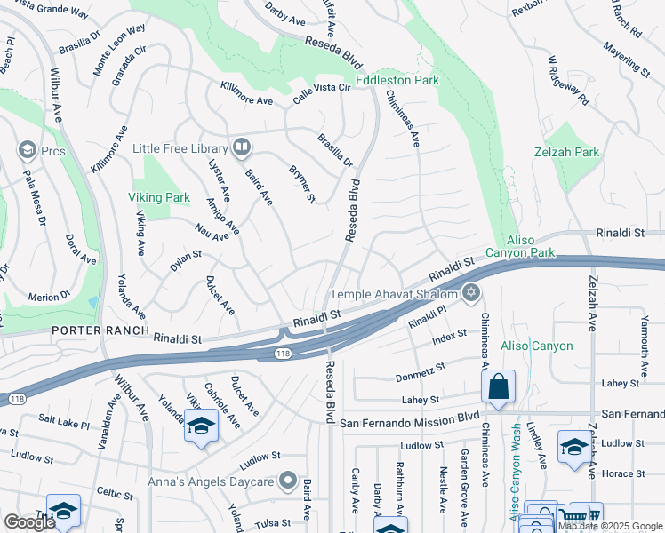 map of restaurants, bars, coffee shops, grocery stores, and more near 11387 Reseda Boulevard in Los Angeles