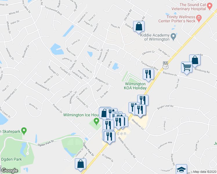 map of restaurants, bars, coffee shops, grocery stores, and more near 215 Bridgeton Court in Wilmington
