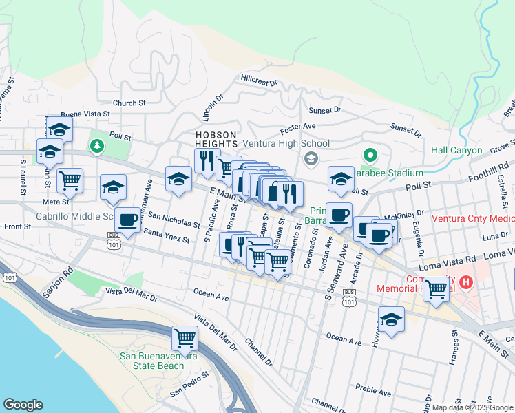 map of restaurants, bars, coffee shops, grocery stores, and more near 1954 East Main Street in Ventura