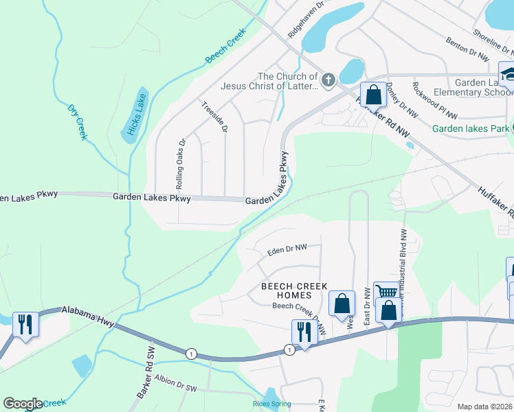 map of restaurants, bars, coffee shops, grocery stores, and more near 3603 Garden Lakes Parkway in Rome